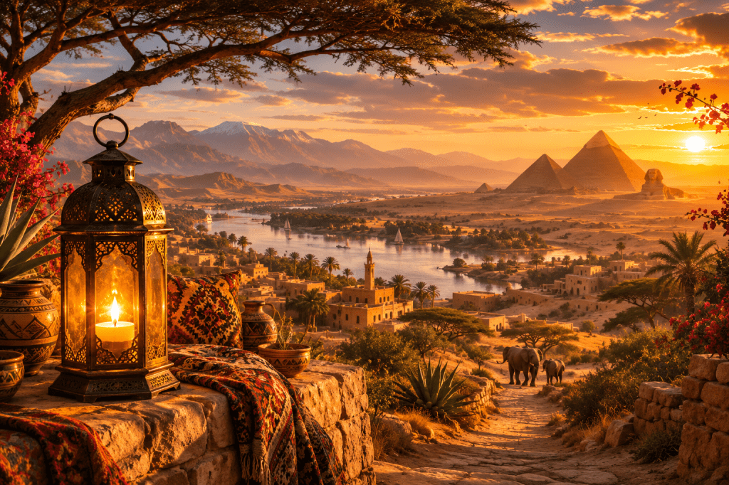Golden African landscape at sunset with a glowing lantern, the Nile, distant pyramids, mountains, villages, and elephants along a winding path.