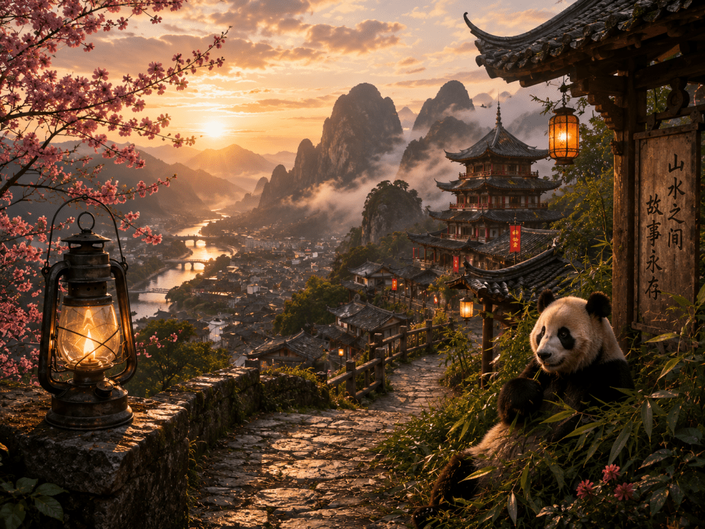Panda resting beside a mountain path overlooking an Asian valley with traditional architecture, cherry blossoms, misty mountains, and glowing lanterns at sunset.
