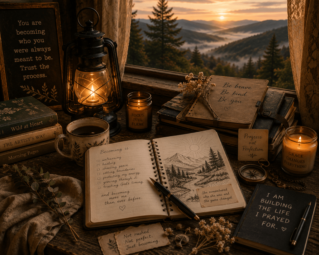 Reflective journal, glowing lantern, books, compass, coffee, and handwritten notes overlooking misty mountains at sunrise.