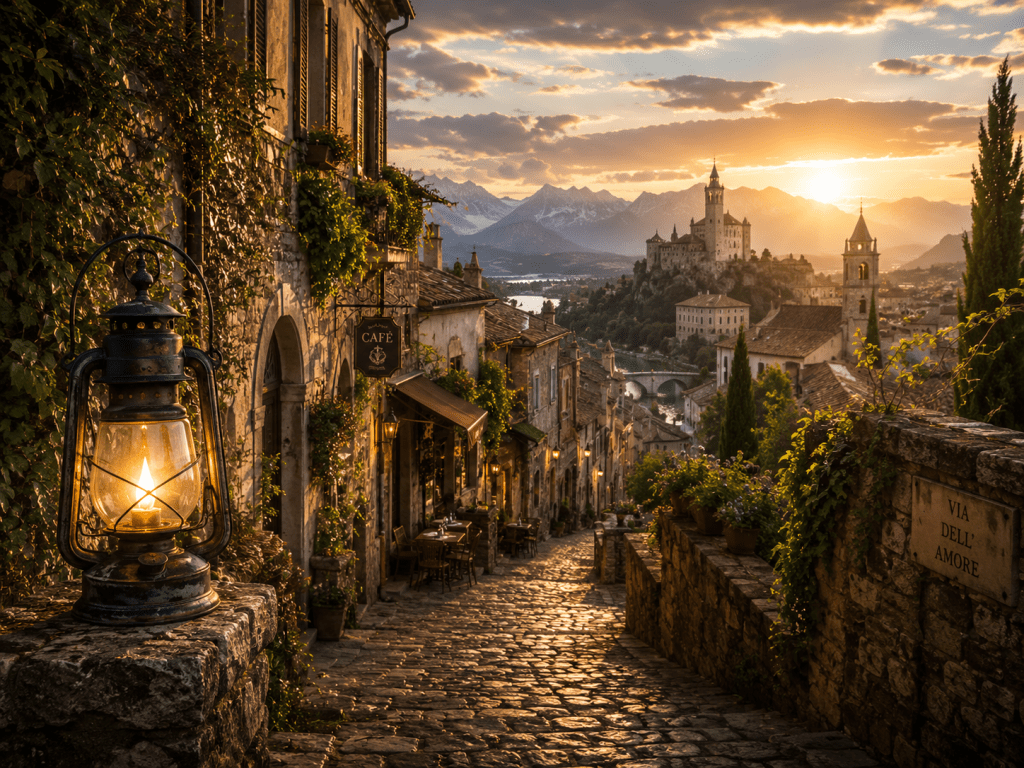 Glowing lantern overlooking a cobblestone street in a historic European village at sunset, with old stone buildings, mountains, and a distant castle.