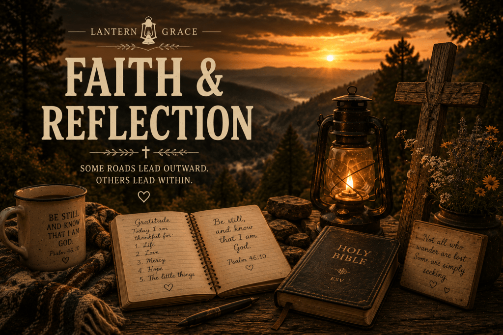 Glowing lantern, wooden cross, Bible, and reflection journal overlooking Appalachian mountains at sunset.