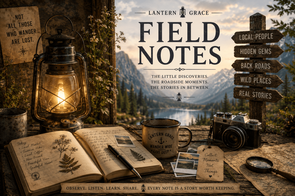 Glowing lantern, open travel journal, camera, coffee mug, maps, and handwritten notes overlooking a mountain lake.