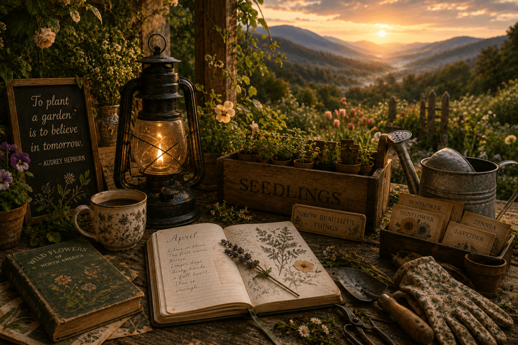 Rustic mountain garden with seedlings, flowers, seed packets, gardening tools, journal, and a glowing lantern at sunset.