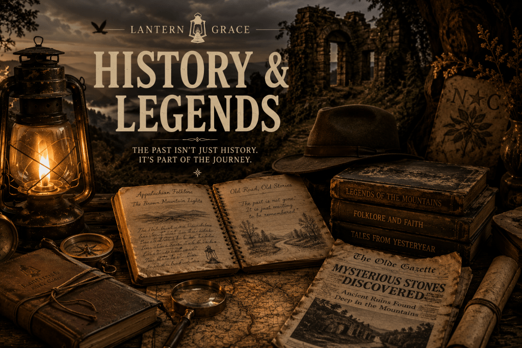Glowing lantern, old maps, compass, journal, historic books, newspaper, and explorer's hat overlooking ancient ruins in misty mountains.