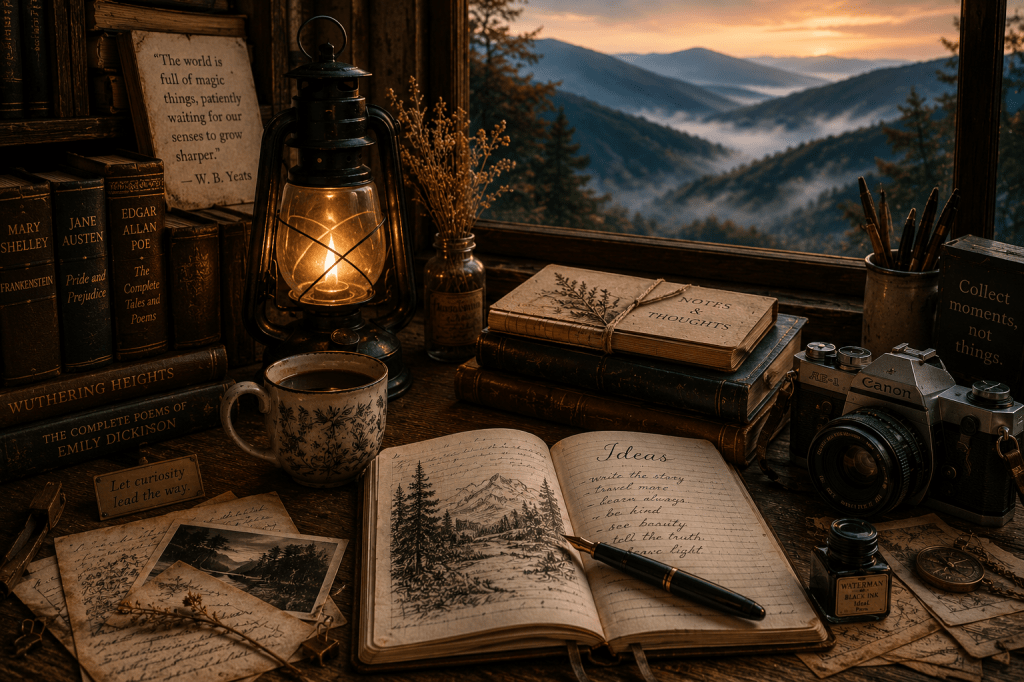 Cozy writing nook with vintage books, journal, camera, warm coffee, and a glowing lantern overlooking misty mountains.