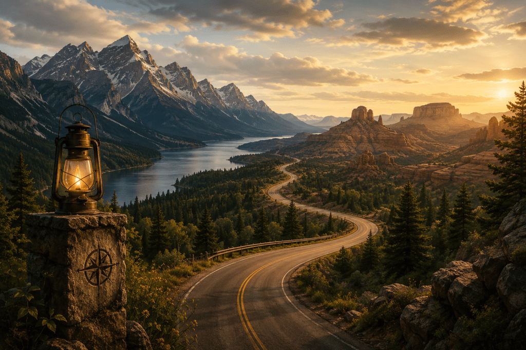 Glowing lantern overlooking a winding road through North American mountains, forests, waterways, and desert landscapes at sunset.