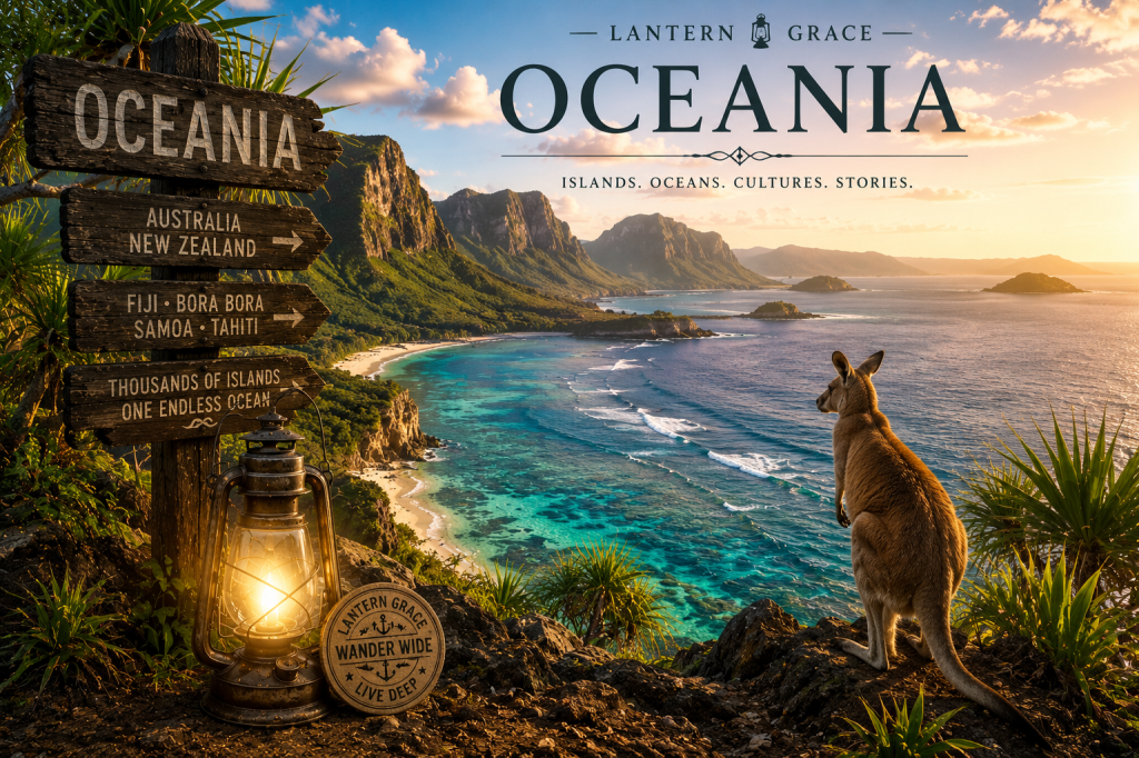 Kangaroo overlooking a turquoise Pacific coastline and mountainous islands beside a glowing lantern and wooden travel signs at sunset.
