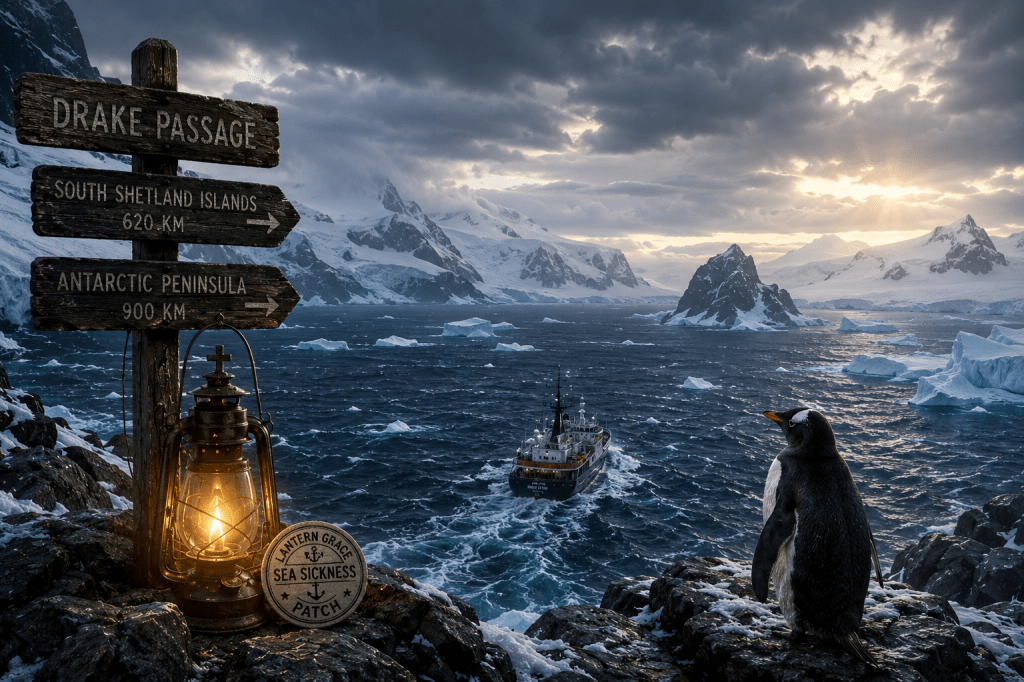 Penguin overlooking the stormy Drake Passage and icy Antarctic mountains beside a glowing lantern and expedition ship.