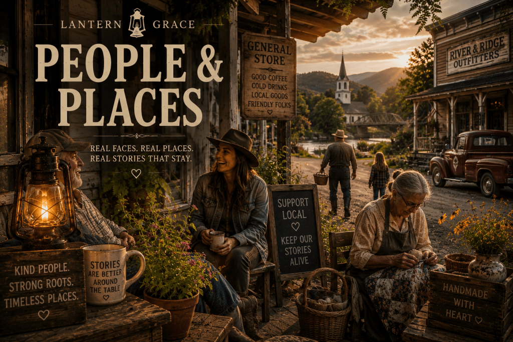 People sharing stories on a rustic porch in a mountain town with a general store, local artisan, church, vintage truck, and glowing lantern.