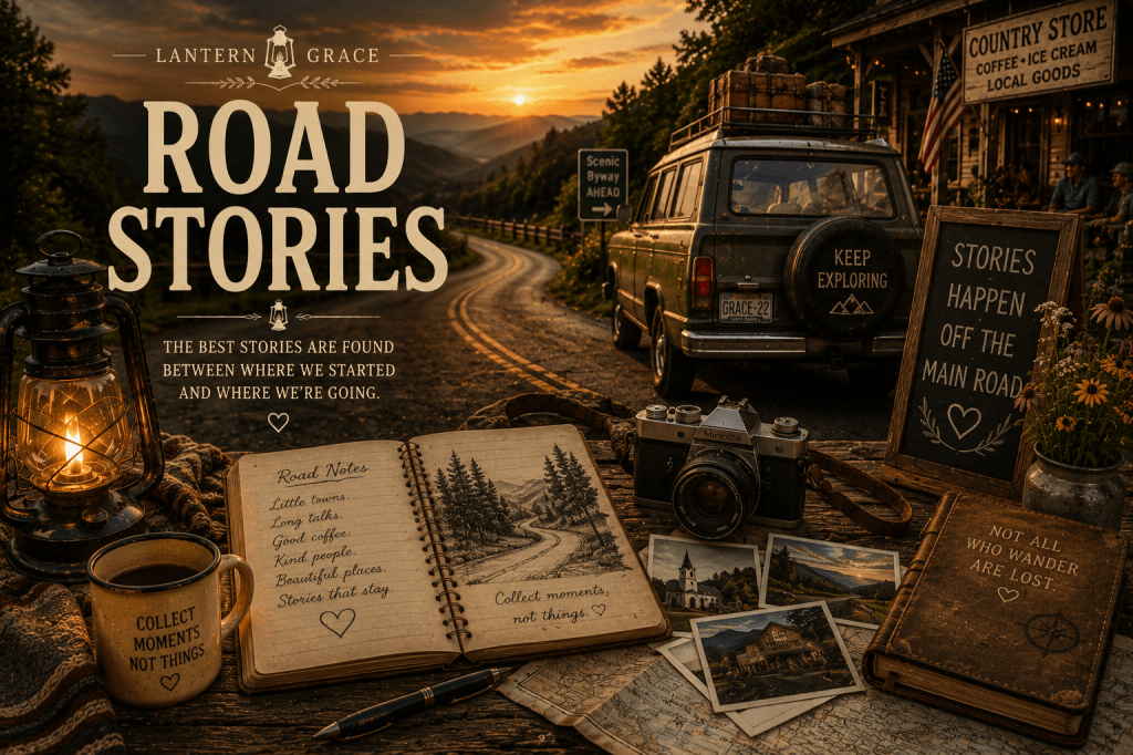 Vintage travel wagon beside a winding mountain road at sunset with a glowing lantern, camera, journal, maps, and roadside country store.
