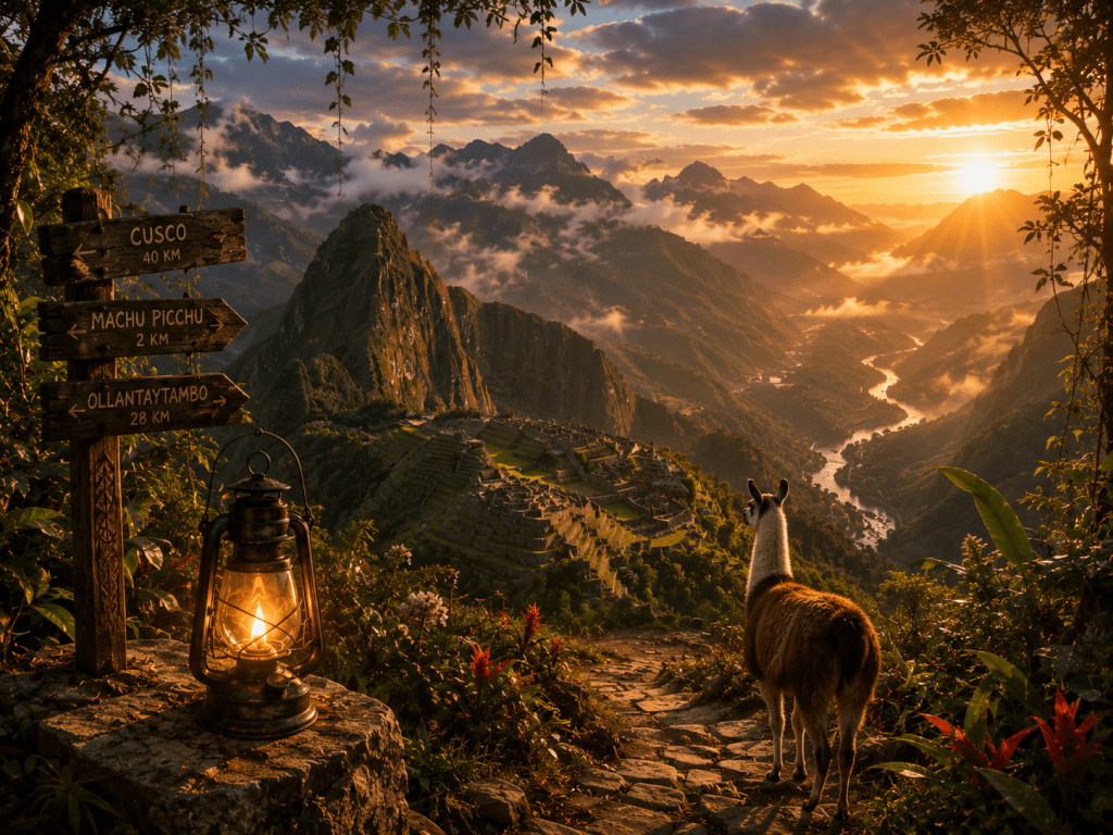 Llama overlooking Machu Picchu and the Andes at sunset beside a glowing lantern and wooden trail signs.