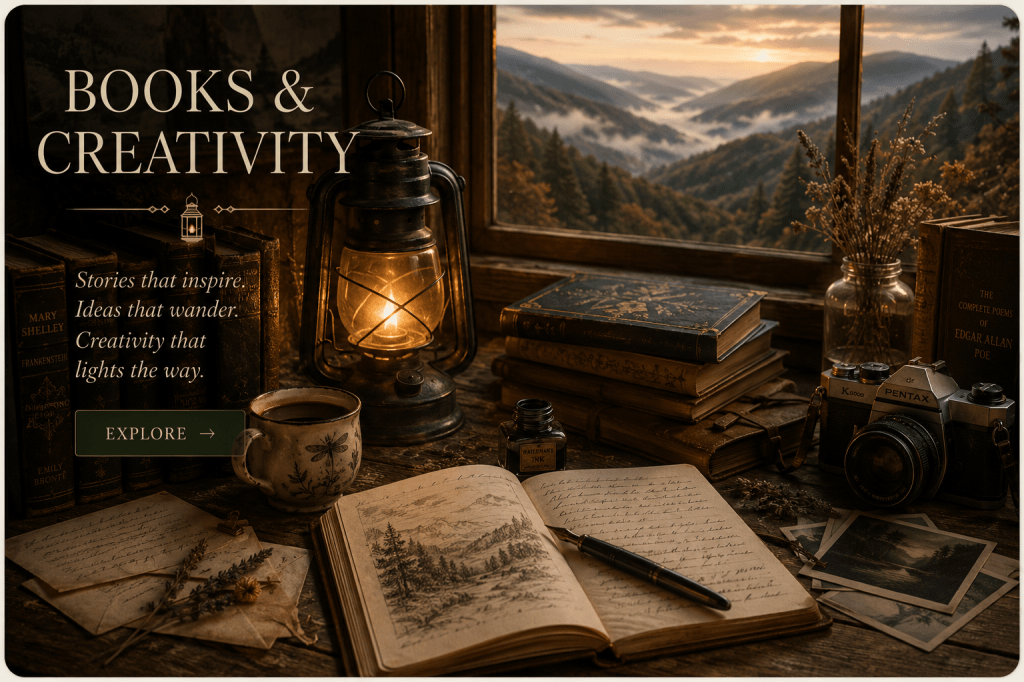 Cozy writing desk with old books, handwritten journal, fountain pen, camera, coffee, and a glowing lantern overlooking misty mountains.