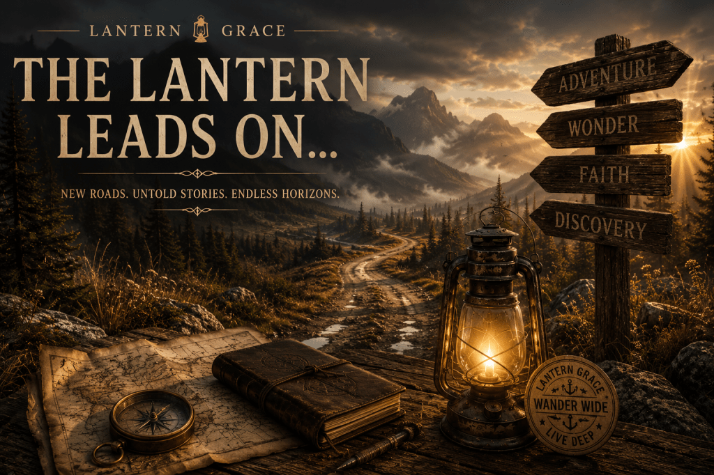 Glowing lantern beside a compass, map, and journal overlooking an unmapped road winding through misty mountains at sunset.