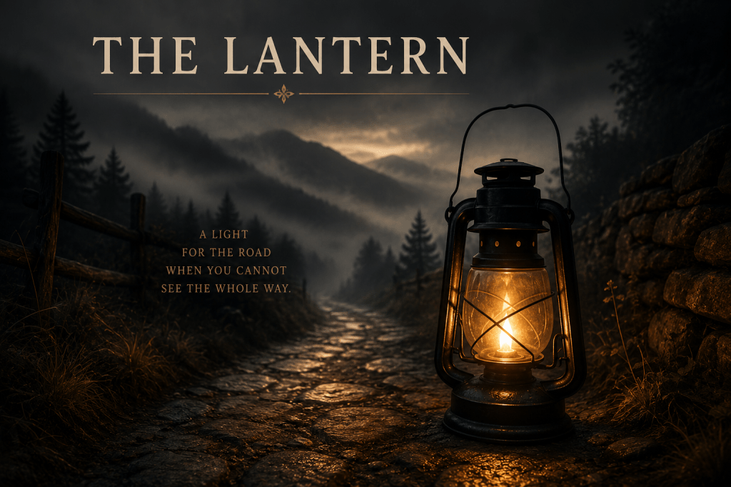 Glowing lantern lighting a dark mountain road through fog beneath a stormy sky.
