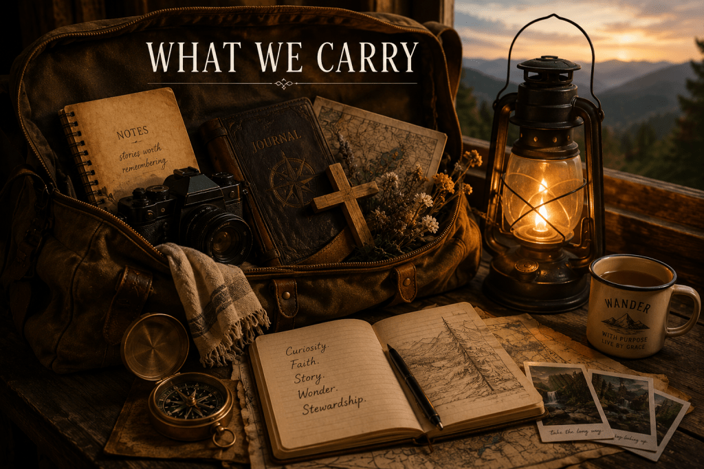 Open travel bag with camera, journal, map, wooden cross, wildflowers, compass, notebook, and a glowing lantern overlooking mountains.